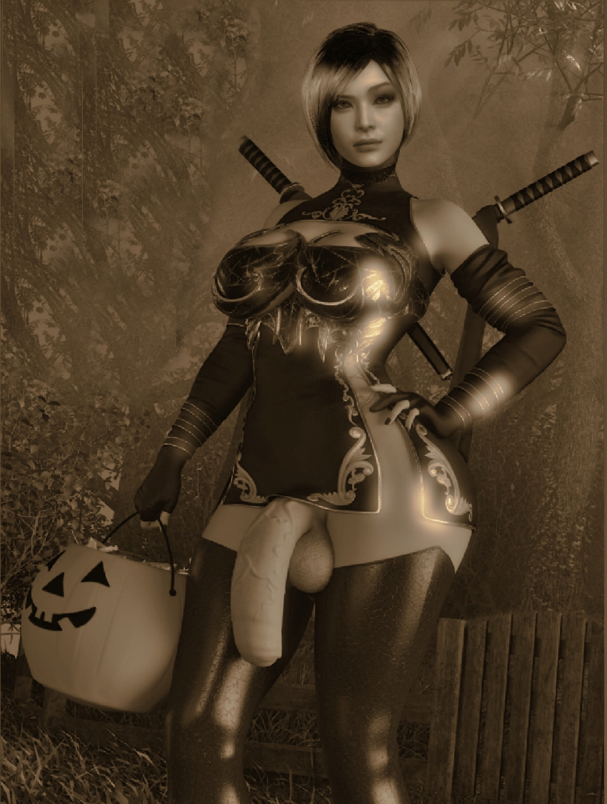 1girl 3d ada_wong asian balls black_and_white breasts china_dress dickgirl dress elbow_gloves eye_contact eyebrows eyelashes eyeliner eyes eyeshadow female_human female_only fence fingerless_gloves futa futanari games gloves grass halloween hand_on_hip human human_only jack-o'-lantern leather_boots legs looking_at_viewer nude nude_female penis posing pumpkin render resident_evil resident_evil_2 short_dress short_hair solo_female standing standing_up teasing trees video_games xps