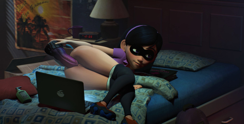 3d 3d_(artwork) ass bed bedroom black_hair brunette dildo dildo_in_ass disney face_mask facemask lap laptop lube mask on_bed panties_down pants_around_knees pants_down pixar shaved_pussy skin_lotion the_incredibles violet_parr