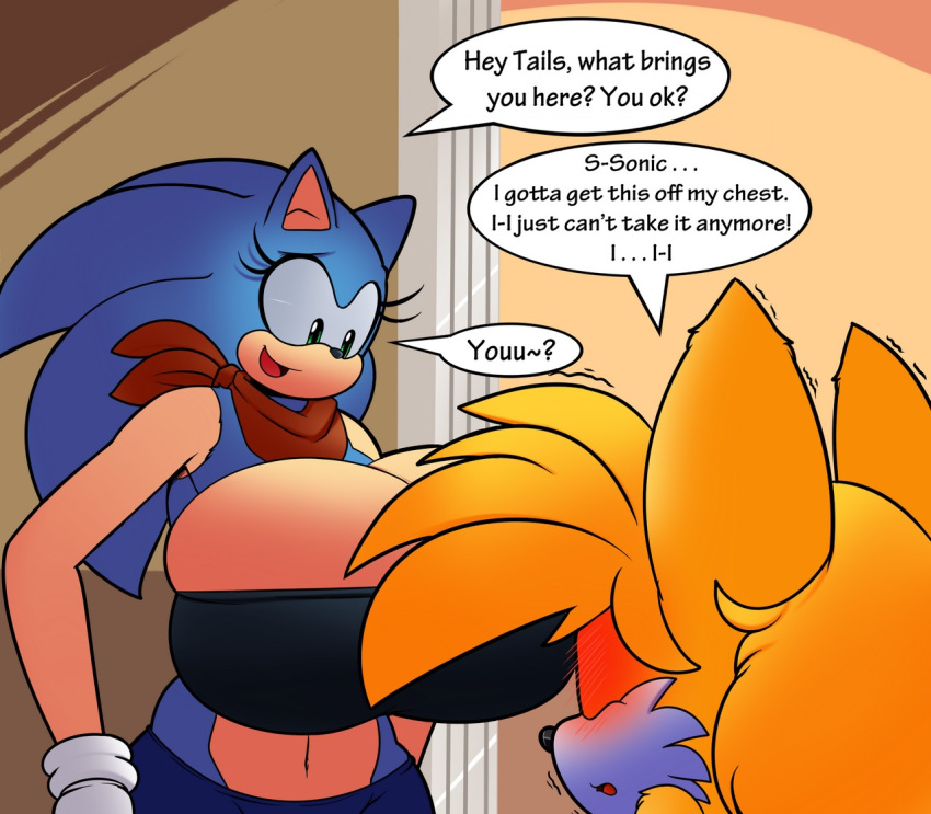 2girls anthro blush cleavage comic female female_only genderswap huge_breasts miles_"tails"_prower multiple_girls sega sonic_the_hedgehog tails tails_the_fox yuri
