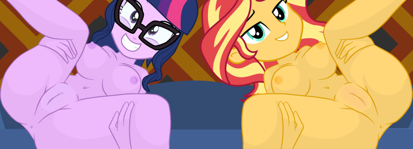 2_girls 2girls breasts equestria_girls female female_only friendship_is_magic glasses hairless_pussy long_hair looking_at_viewer my_little_pony nude phil_el_mago pussy spread_legs sunset_shimmer sunset_shimmer_(eg) twilight_sparkle twilight_sparkle_(mlp)