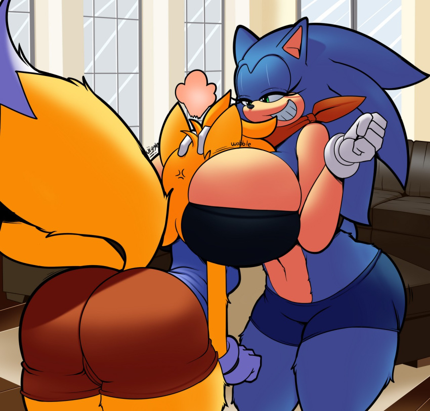 angry breast_smother breasts comic female female_only genderswap huge_breasts miles_"tails"_prower multiple_girls sega sonic_the_hedgehog tails tails_the_fox yuri