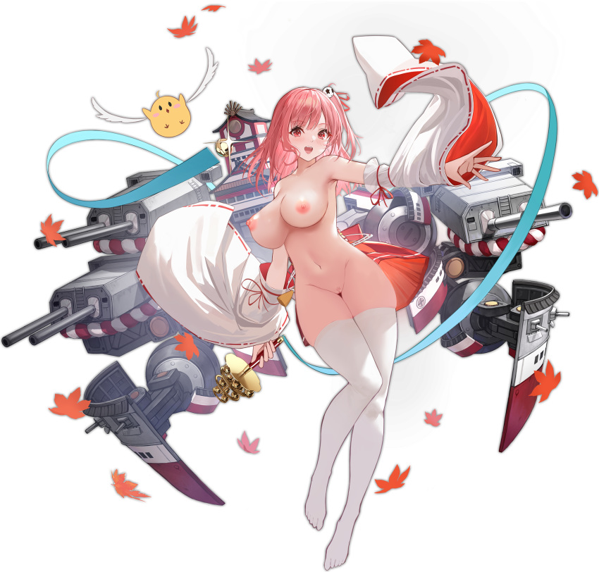 1girl asymmetrical_hair autumn_leaves azur_lane bangs big_breasts breasts cleavage dead_or_alive dead_or_alive_xtreme detached_sleeves eyebrows_visible_through_hair full_body hair_ornament hakama_skirt high_resolution holding honoka_(doa) long_hair looking_at_viewer machinery manjuu_(azur_lane) miniskirt mr_cloud nipples nude nude_filter open_mouth pink_hair ponytail red_eyes short_hair side_ponytail skirt smile stockings thighs third-party_edit tied_hair turret weapon white_legwear wide_sleeves zettai_ryouiki