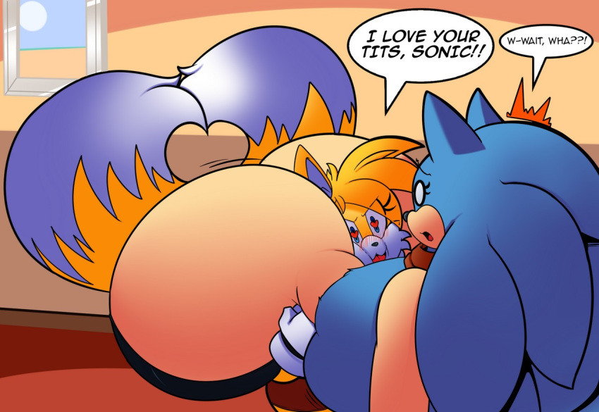between_breasts breast_squeeze comic genderswap heart-shaped_pupils huge_breasts miles_"tails"_prower multiple_girls sega sonic_the_hedgehog tails tails_the_fox yuri