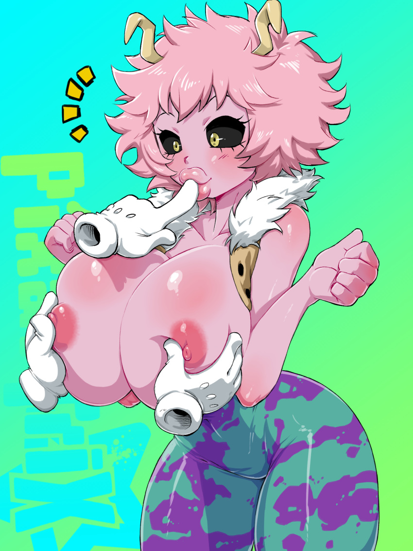 big_lips bimbo breast_grab clothing disembodied_hand female female_only finger_to_mouth huge_breasts mina_ashido my_hero_academia pink_hair pink_skin wide_hips yellow_eyes