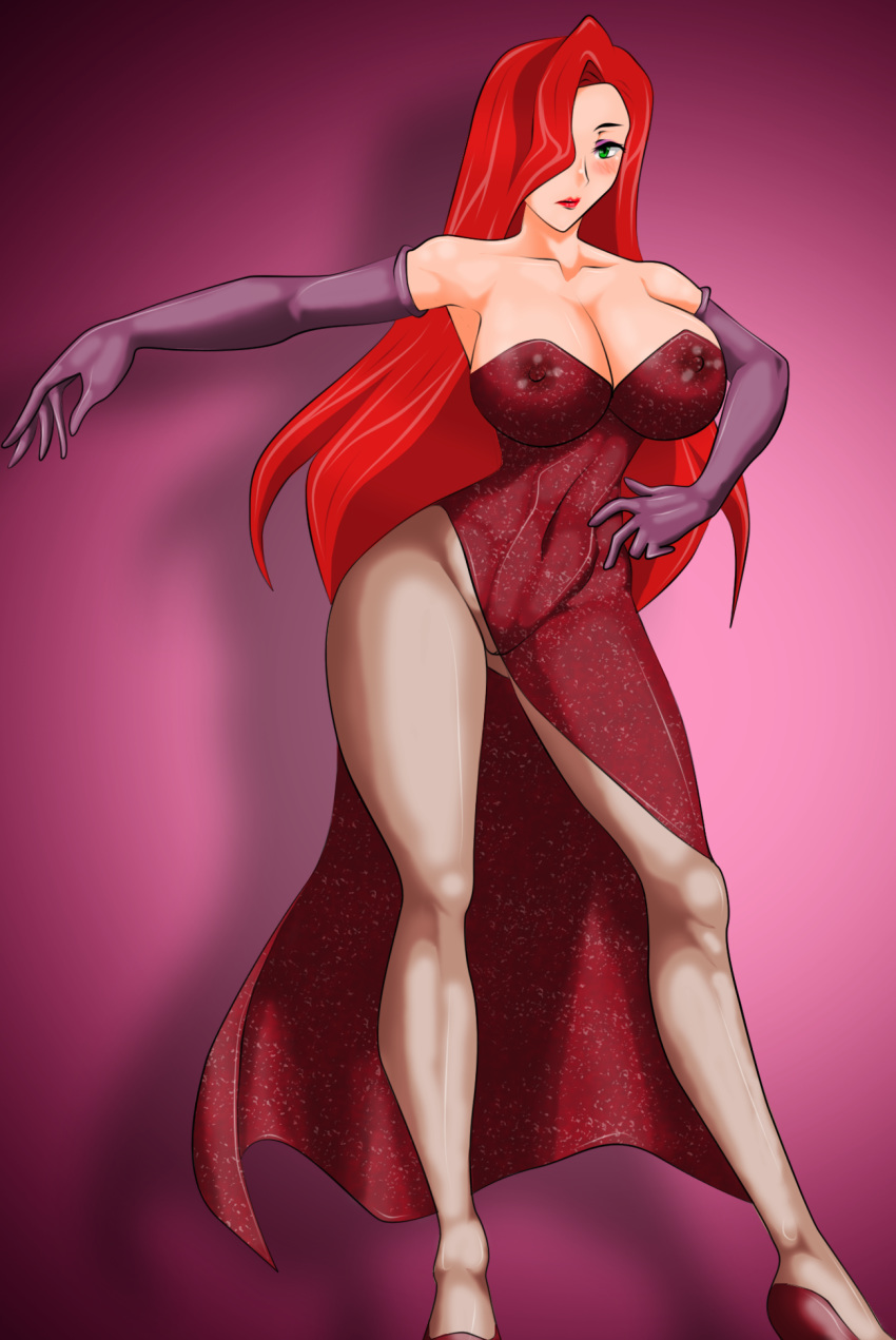 1_girl 1girl bare_shoulders big_breasts blush cleavage clothed disney elbow_gloves erect_nipples eyeshadow female female_human female_only green_eyes hair_over_one_eye high_heels human jessica_rabbit long_dress long_hair long_red_hair looking_at_viewer orange_hair pantyhose purple_gloves red_dress red_hair redhead side_slit solo solo_female standing strapless supernova_(artist) who_framed_roger_rabbit
