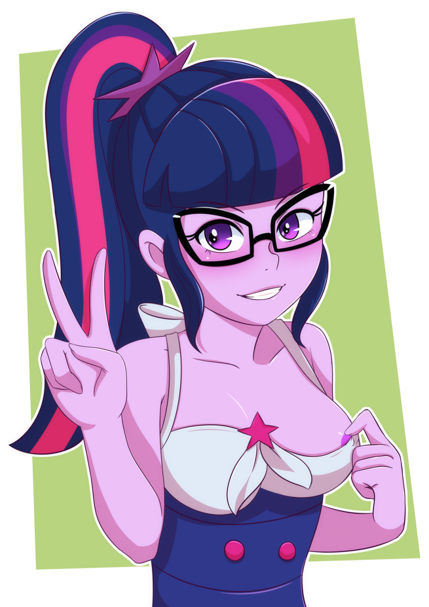 1girl breasts clothed clothes_pull equestria_girls female female_only friendship_is_magic glasses long_hair looking_at_viewer morfinared my_little_pony ponytail solo twilight_sparkle twilight_sparkle_(mlp) v