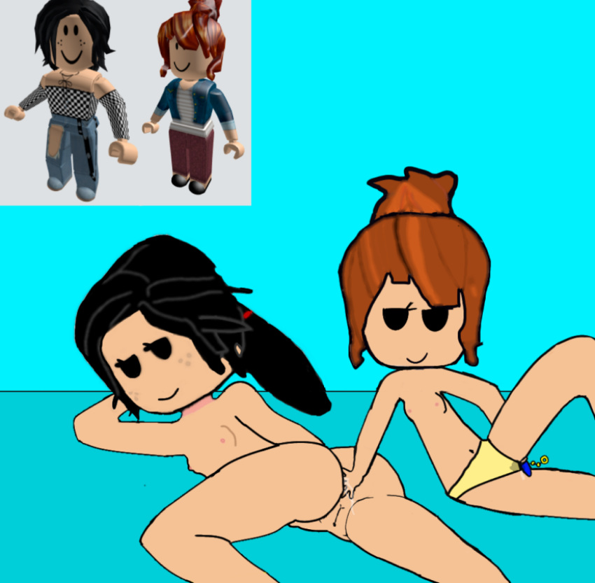 2_girls acorn_hair anal anal_beads anal_fingering black_eyes black_hair cyan_background freckles looking_at_each_other pussy_juice roblox roblox_avatar vibrator vibrator_in_pussy yuri
