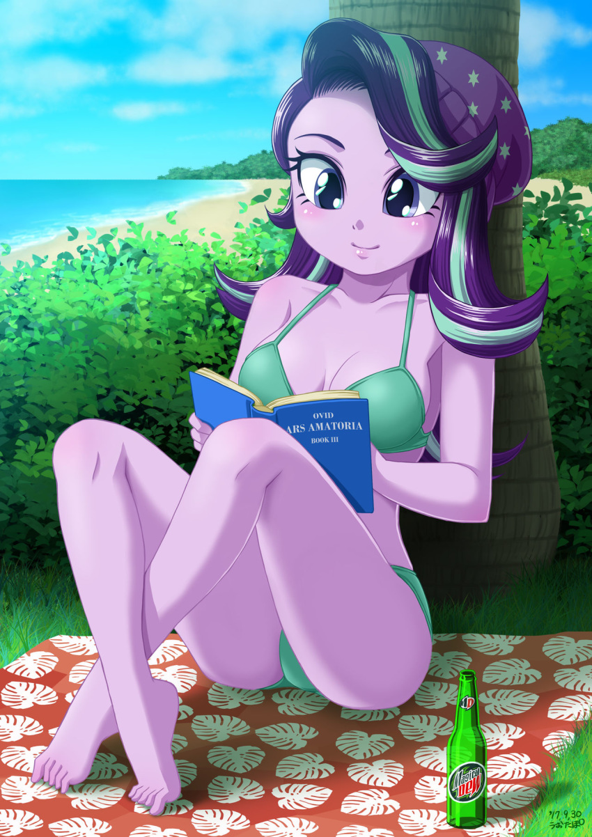 1girl beach book bottle bra crossed_ankles equestria_girls female female_only friendship_is_magic hat long_hair mostly_nude my_little_pony outdoor outside panties sitting solo starlight_glimmer starlight_glimmer_(mlp) uotapo