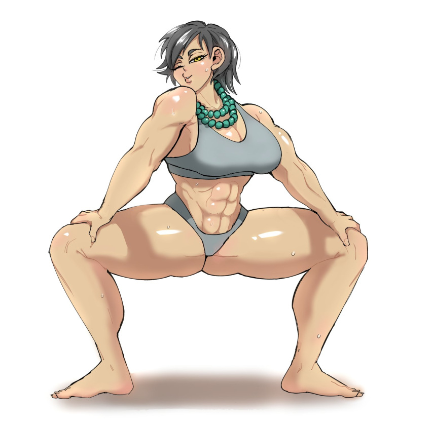 1girl abs barefoot breasts embo feet gray_hair gym_clothes huge_breasts kissy_face miss_ember_(cinders) muscle muscular muscular_female naughty_face necklace seductive seductive_smile smile squatting stretching thick_thighs thighs wink workout yellow_eyes