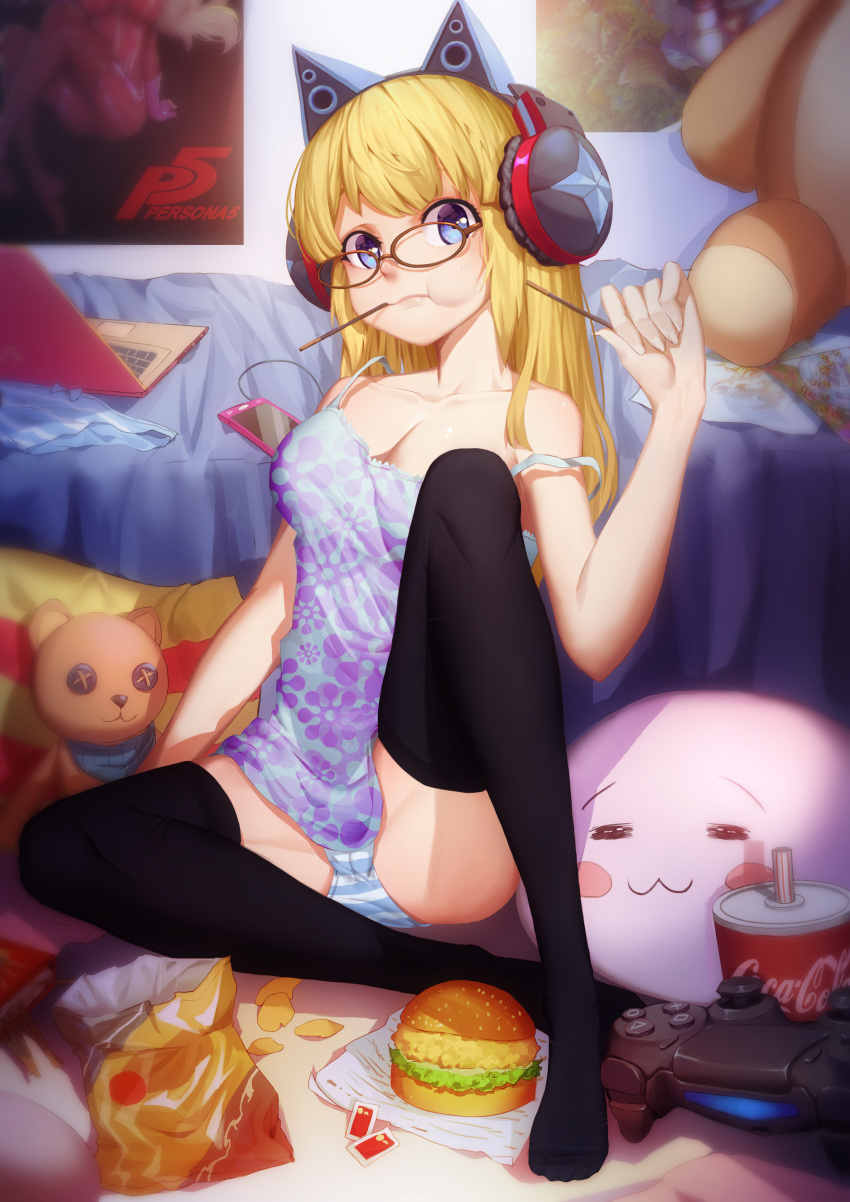 ann_takamaki bare_shoulders bent_knees blonde_hair breasts cameltoe cleavage high_res long_hair looking_at_viewer mouth_hold original pantyshot_(sitting) persona_5 stockings striped_panties teddy_bear tupiao_shaonu underwear
