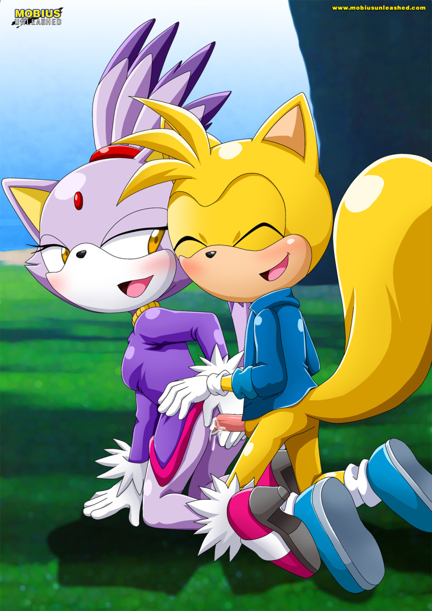 1boy 1girl bbmbbf blaze_the_cat closed_eyes cum cum_in_pussy cum_inside erect_penis from_behind gloves half-closed_eyes looking_at_another looking_back mobius_unleashed outside palcomix penis purple_fur pussy ray_the_flying_squirrel sega semi_nude sonic_(series) sonic_the_hedgehog_(series) yellow_fur