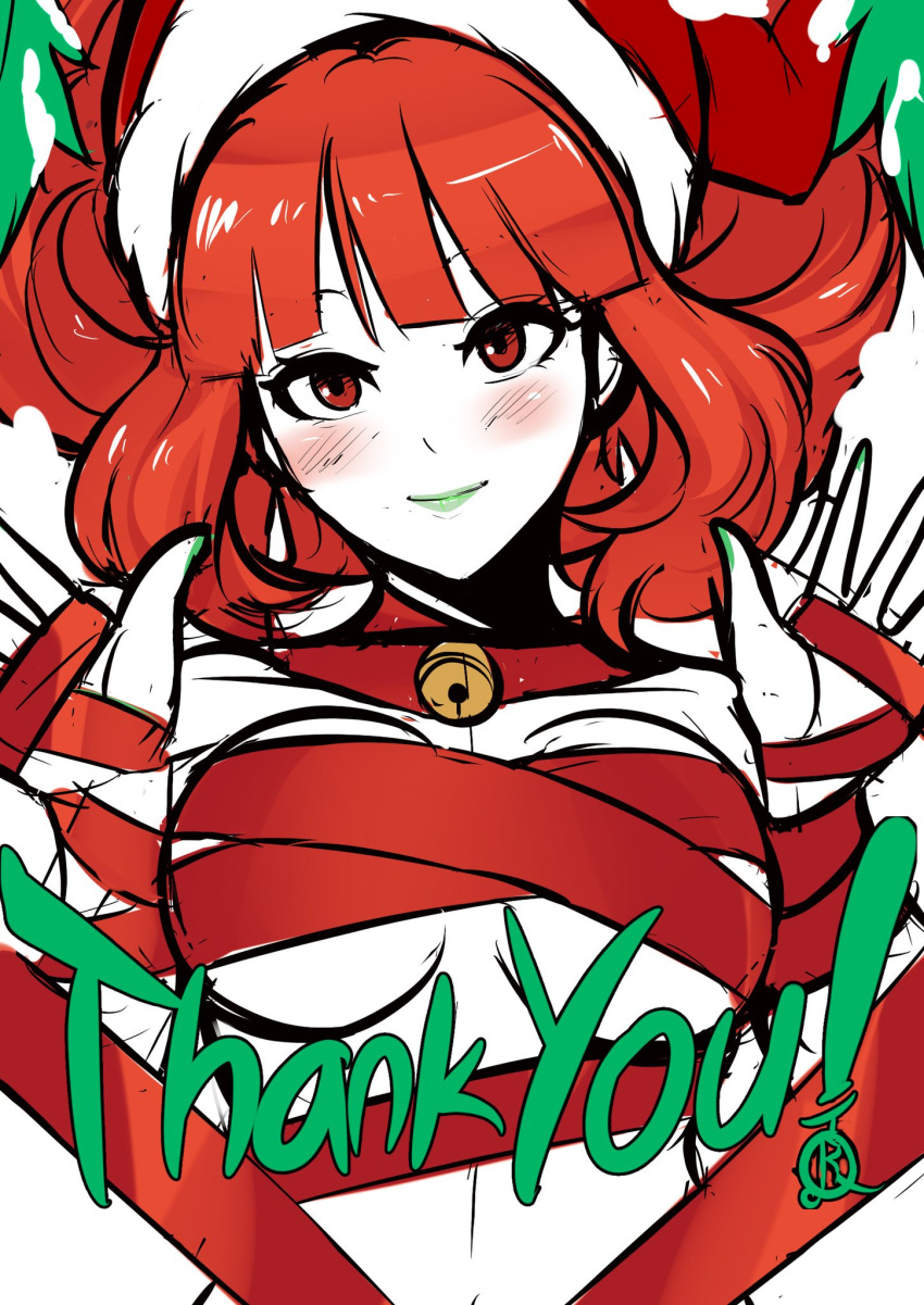 1girl alternate_costume bangs bell bell_collar blush celica celica_(fire_emblem) christmas earrings english_text fire_emblem fire_emblem_echoes fire_emblem_echoes:_mou_hitori_no_eiyuuou fire_emblem_echoes:_shadows_of_valentia green_lipstick green_nails jingle_bell looking_at_viewer medium_breasts medium_hair naked_ribbon nintendo orange_eyes orange_hair present revolverwingstudios ribbon santa_hat smile solo_female source_request text thank_you under_boob