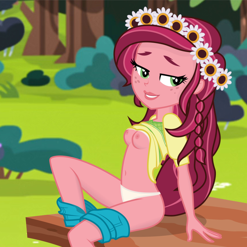 1girl breasts equestria_girls exposed_breasts female female_only freckles friendship_is_magic gloriosa_daisy green_eyes long_hair looking_at_viewer mostly_nude my_little_pony no_bra outdoor outside panties shorts shorts_down sitting solo