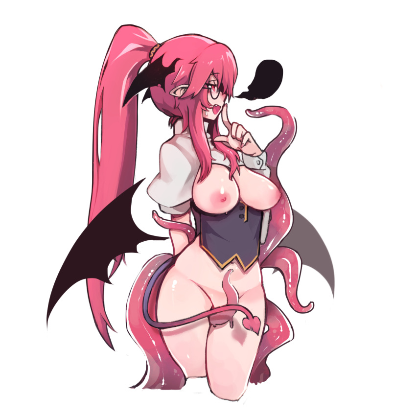 1:1_aspect_ratio 1girl :d alternate_hairstyle arm_behind_back asymmetrical_sleeves bat_wings bespectacled between_legs big_breasts blank_speech_bubble bottomless breastless_clothing breasts censored convenient_censoring cropped_legs demon_tail detached_wings fang finger_to_mouth hair_between_eyes head_wings high_resolution index_finger_raised koakuma long_hair low_wings megane navel nipples open-mouth_smile open_mouth pigeoncrow pointed_ears ponytail puffy_sleeves red_eyes red_hair scrunchie sidelocks simple_background smile speech_bubble tail tentacle tied_hair touhou_project very_long_hair white_background wings