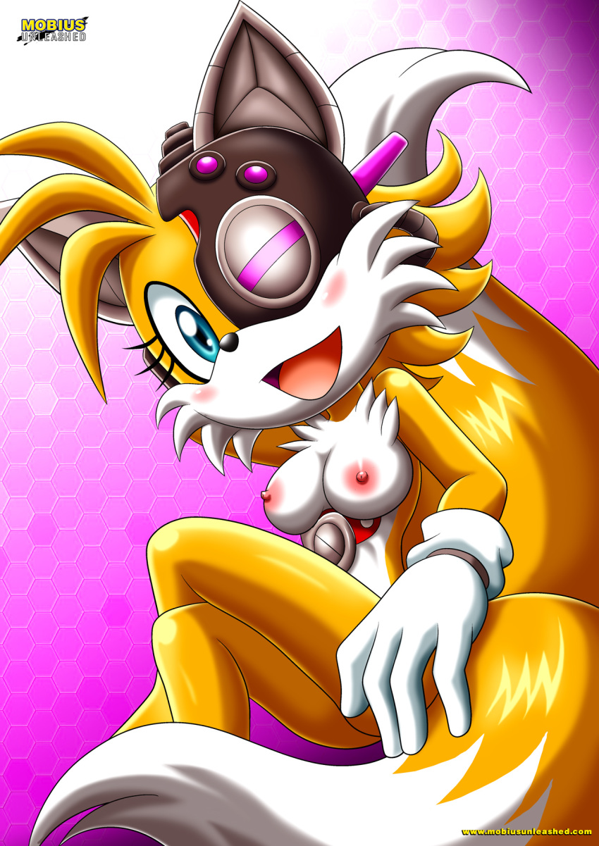 1girl 2_tails anthro bbmbbf big_breasts big_ears black_nose blue_eyes breasts cybernetic_eye erect_nipples female_only furry genderswap grin looking_at_viewer miles_"tails"_prower millie_tailsko mobius_unleashed nipples nude palcomix robotic_eye sega sexy_pose sonic_(series) sonic_the_hedgehog_(series) tails yellow_fur