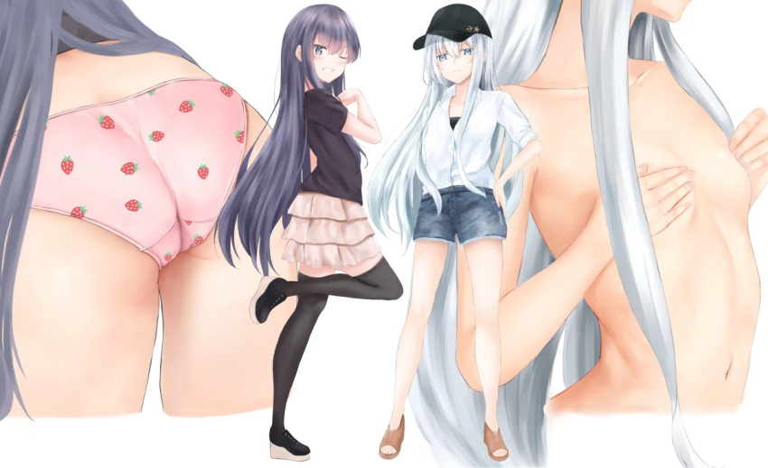 2_girls akatsuki_(kantai_collection) ass bangs black_legwear casual convenient_censoring covering_breasts erect_nipples hands_on_own_chest hibiki_(kantai_collection) irohakaede kantai_collection lingerie looking_at_viewer multiple_views one_eye_closed pink_panties purple_eyes purple_hair silver_hair small_breasts smile strawberry_panties topless