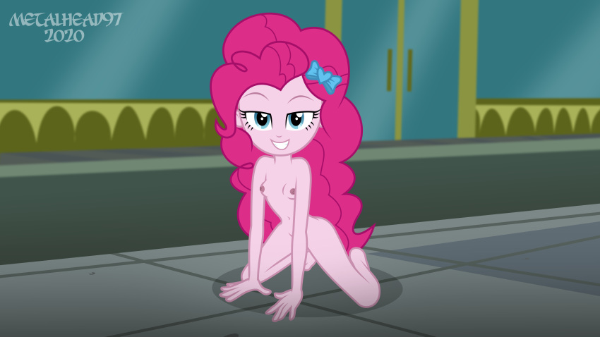 1girl 2020 breasts equestria_girls female female_only friendship_is_magic long_hair looking_at_viewer my_little_pony nude on_knees outdoor outside pink_hair pinkie_pie pinkie_pie_(mlp) small_breasts solo