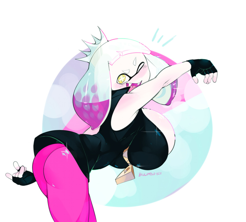 1girl armpits ass bent_over big_breasts blue_background blush breasts bulumble-bee cleavage clothed clothing female female_only fingerless_gloves gloves huge_breasts humanoid looking_at_viewer nintendo open_mouth pearl_(splatoon) smile splatoon splatoon_2 standing teeth tentacle_hair text tongue watermark white_border white_hair wide_hips wink yellow_eyes zipper
