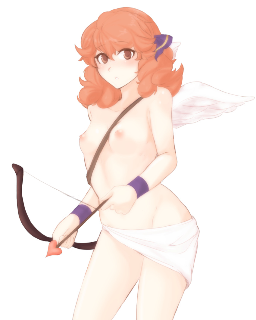1girl angel angel_wings areola arrow bangs between_breasts blush bow_(weapon) bracelet breasts clavicle cupid's_arrow curly_hair curvaceous eyebrows_visible_through_hair facing_to_the_side fire_emblem fire_emblem_echoes:_shadows_of_valentia fire_emblem_gaiden fire_emblem_heroes genny_(fire_emblem) hair_ornament high_resolution jewelry light_blush looking_at_viewer navel nipples nopan nude open_mouth orange_eyes orange_hair parted_lips pink_eyes pink_hair short_hair small_breasts strap strap_between_breasts thighs transparent_background tridisart weapon wings
