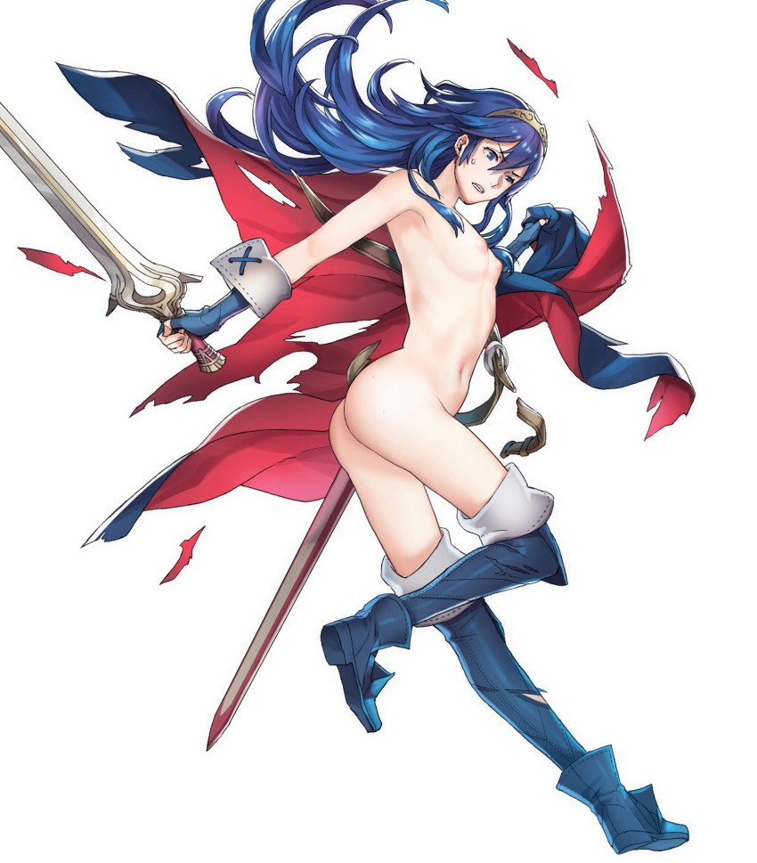 1girl 1girl ass blue_hair boots breasts fire_emblem fire_emblem:_kakusei fire_emblem_heroes gloves high_resolution lucina navel nipples nude nude_filter petite pettanko potential_duplicate small_breasts sweat sword third-party_edit tiara torn_clothes weapon
