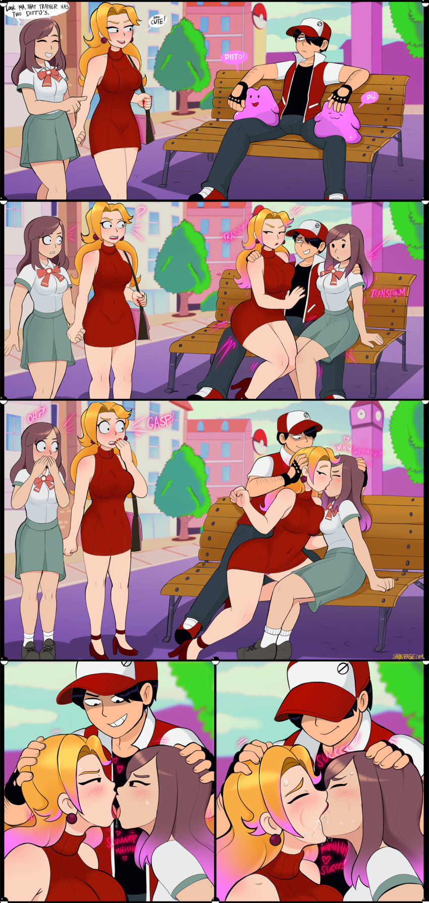 1boy 4girls blonde_hair blush brown_hair ditto dress embarrassed french_kiss kissing long_hair looking_at_another pokemon pokemon_trainer saliva school_uniform shadman smile tongue tongue_out yuri