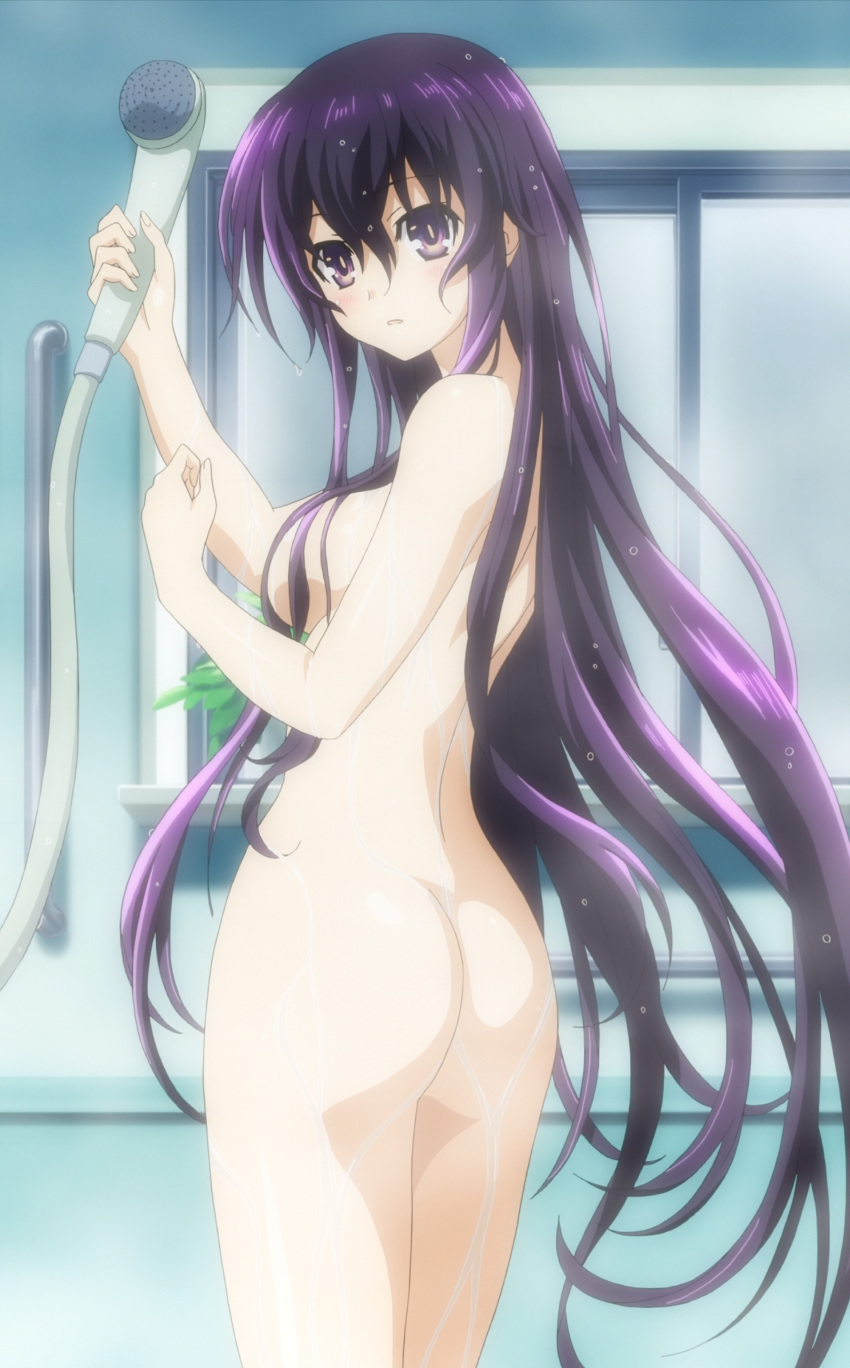 1girl alternative_hairstyle bathing bathroom big_breasts breasts date_a_live hair_down high_resolution long_hair potential_duplicate room screen_capture shower_(object) stitched very_high_resolution washing yatogami_tohka