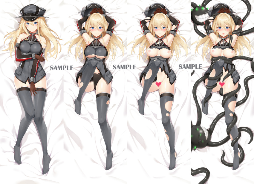 1girl 1girl bare_shoulders big_breasts bismarck_(kantai_collection) blonde blue_eyes blush breastplate breasts censored dakimakura detached_sleeves dress enemy_naval_mine_(kantai_collection) gloves hair_ornament hat heart heart_censor high_resolution kantai_collection long_hair looking_at_viewer medium_breasts meng_ziya military military_hat military_uniform multiple_views nipples open_mouth peaked_cap stockings tentacle torn_clothes torn_dress torn_legwear uniform