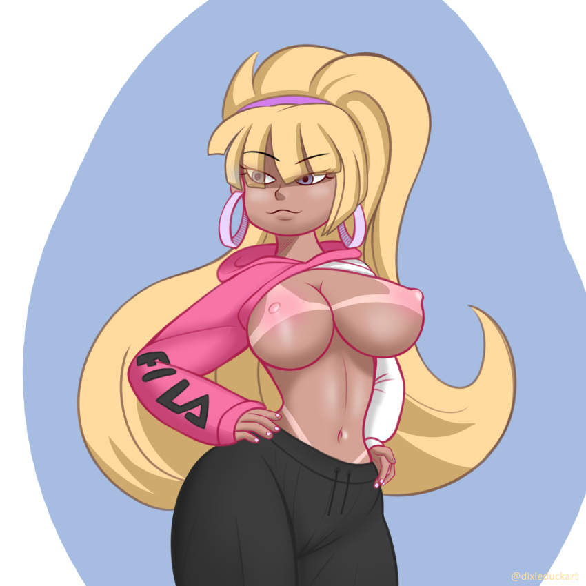 1girl big_breasts blonde_hair breasts dixieduckart earrings eyebrows_visible_through_hair female_only gravity_falls hairband hands_on_hips pacifica_northwest shirt_lift shirt_up solo_female tan_line