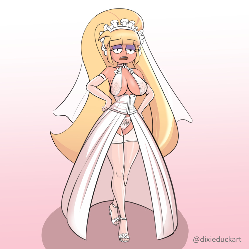 alternate_version_available big_breasts blonde_hair breasts bridal_dress bridal_gloves bridal_stockings bridal_veil bride dixieduckart gravity_falls hands_on_hips looking_at_viewer pacifica_northwest panties see-through