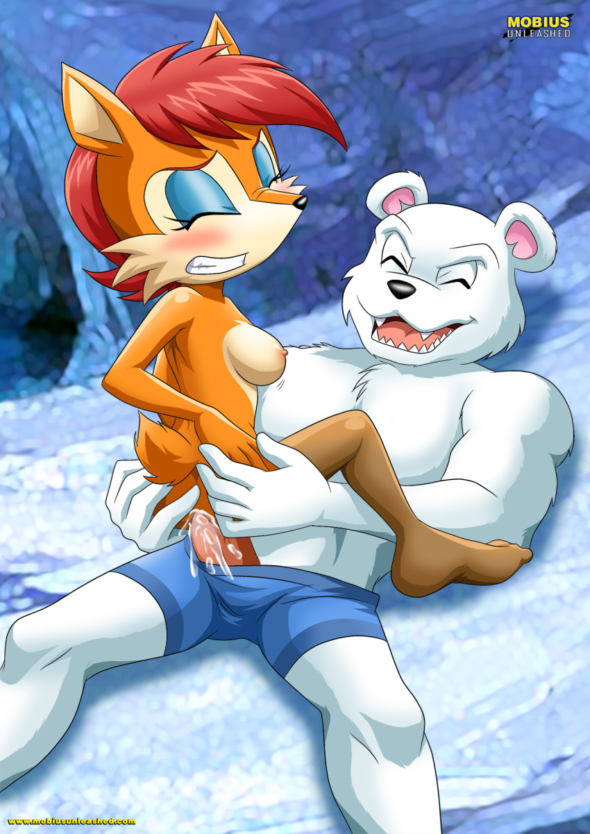 1boy 1girl anthro archie_comics ass_grab augustus_the_polar_bear bbmbbf big_breasts big_ears black_nose blue_eyeshadow breasts brown_fur closed_eyes cum cum_in_pussy cum_inside erect_nipples erect_penis erma_ermine furry grabbing_another's_ass mobius_unleashed nipples open_mouth orgasm orgasm_face outside palcomix penis red_hair sega sex sitting_on_penis sitting_on_person sock sonic_(series) sonic_the_hedgehog_(series) tail white_fur
