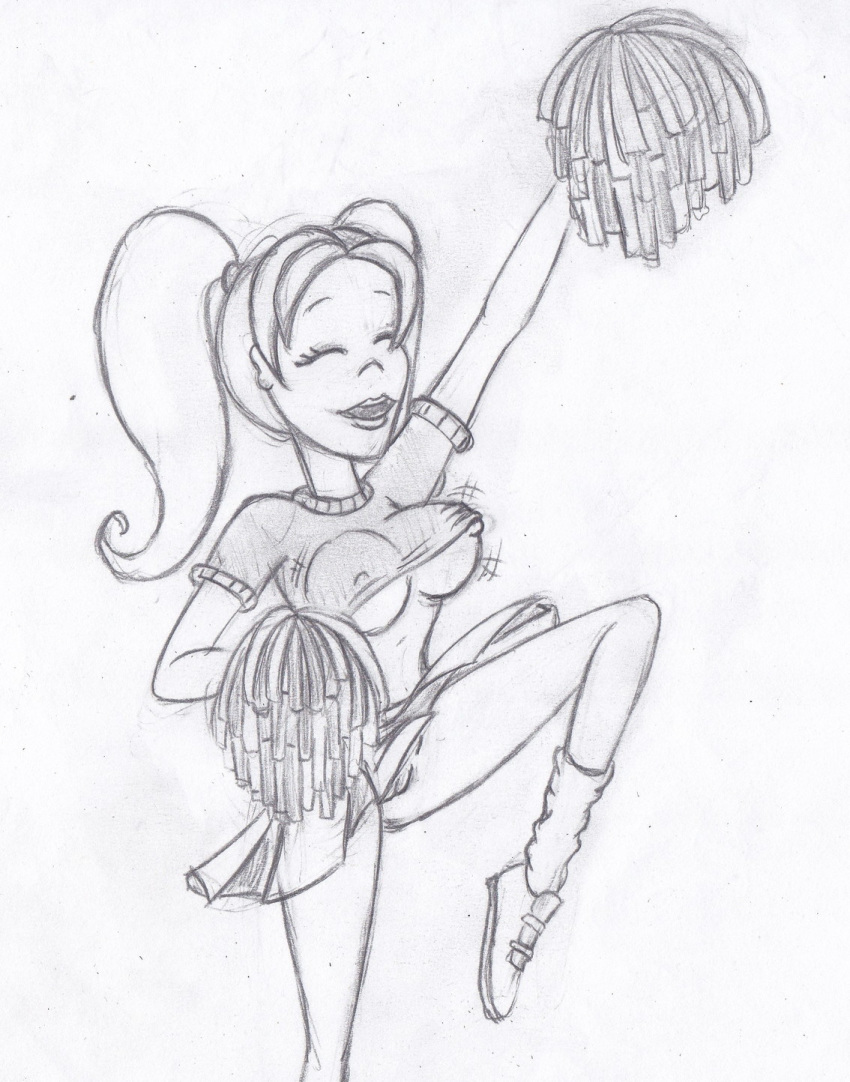 big_breasts breasts brittany_taylor cheerleader cheerleader_outfit daria erect_nipples leg_warmers monochrome nipples_poking no_panties pom_poms pussy skirt takeshi1000 twin_tails under_boob
