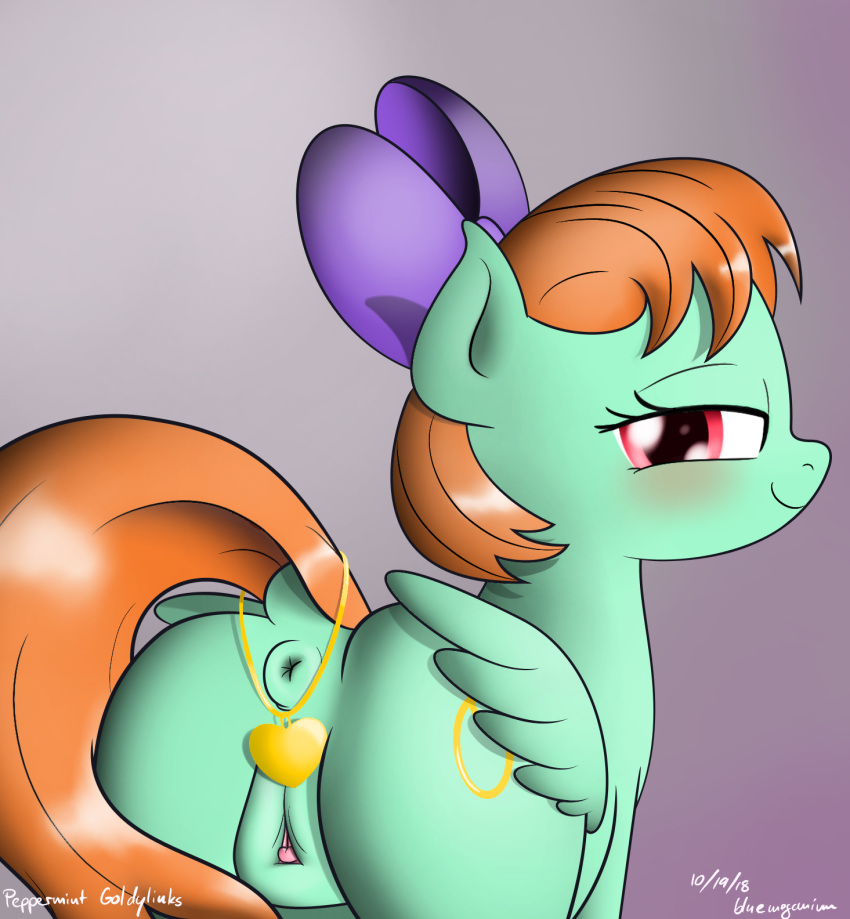 1girl 2018 anus ass blush cutie_mark female female_only female_pegasus friendship_is_magic looking_at_viewer my_little_pony nude pegasus peppermint_goldylinks_(mlp) pony presenting_hindquarters pussy solo tail wings