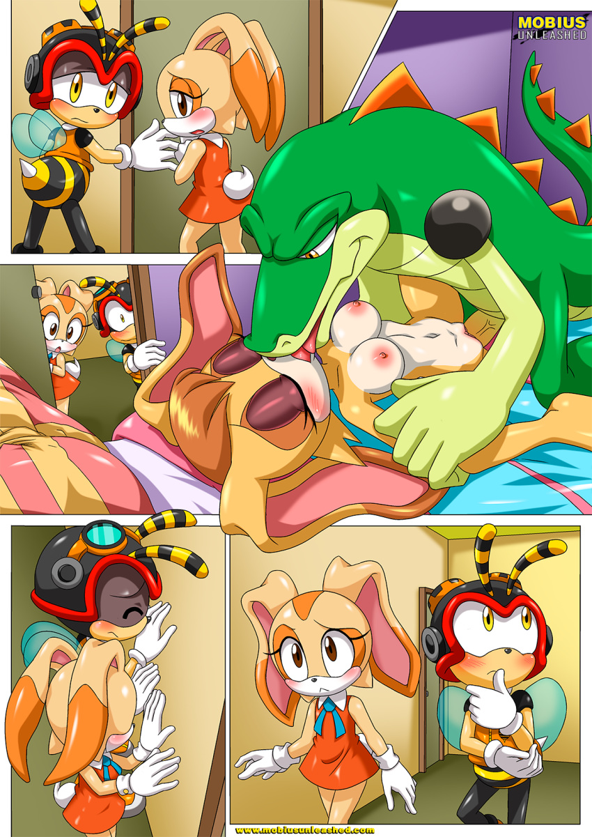 a_new_play anthro big_breasts breasts charmy_bee cream_the_rabbit erect_nipples furry kissing milf mobius_unleashed nipples open_legs palcomix penis sega sex sonic tongue tongue_out vanilla_the_rabbit vector_the_crocodile