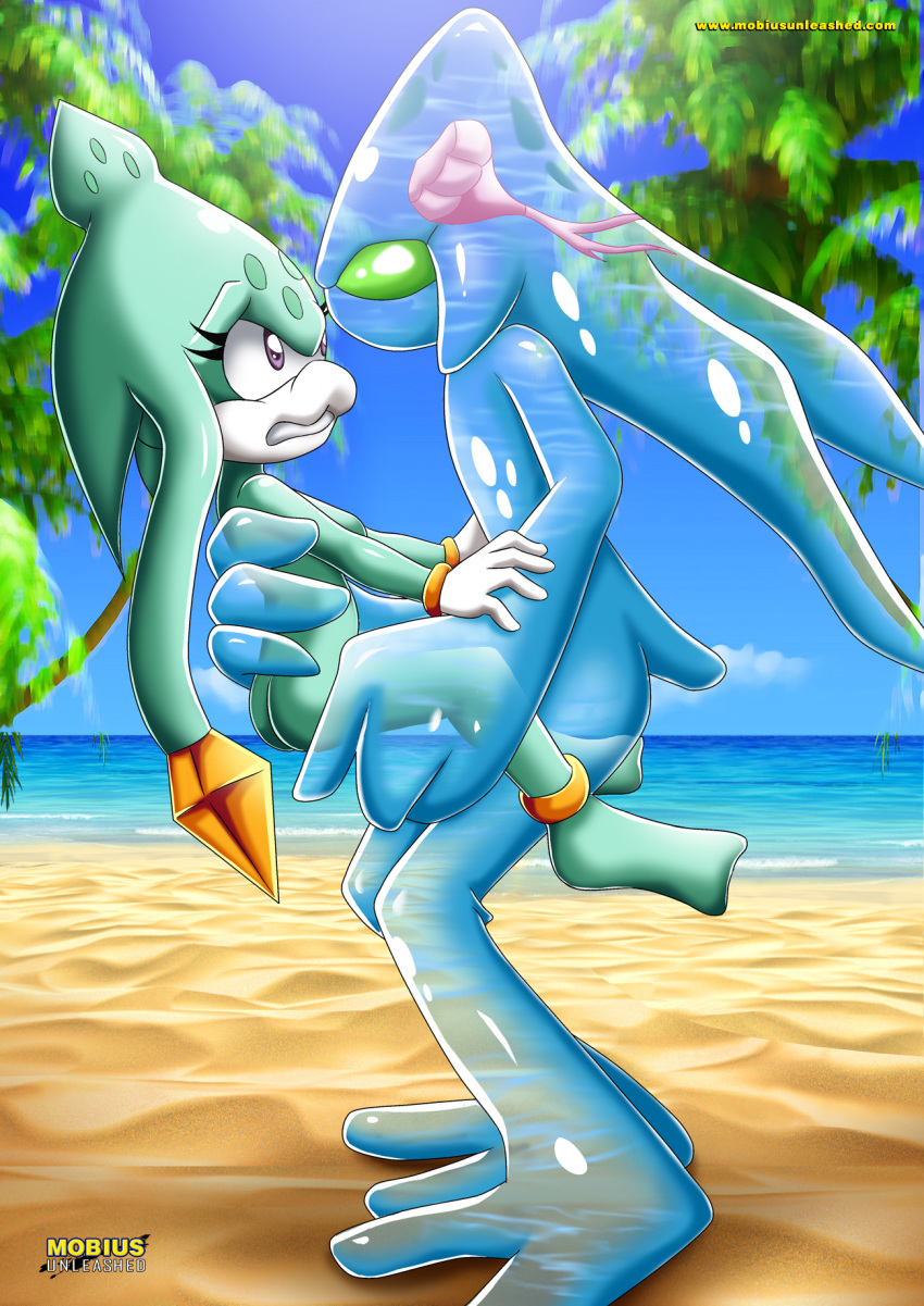 1boy 1girl abyss_the_squid anthro archie_comics ass_grab bbmbbf beach bracelet chaos furry gloves grabbing_another's_ass looking_at_another mobius_unleashed nude outside palcomix purple_eyes sega sonic_(series) sonic_the_hedgehog_(series) squid