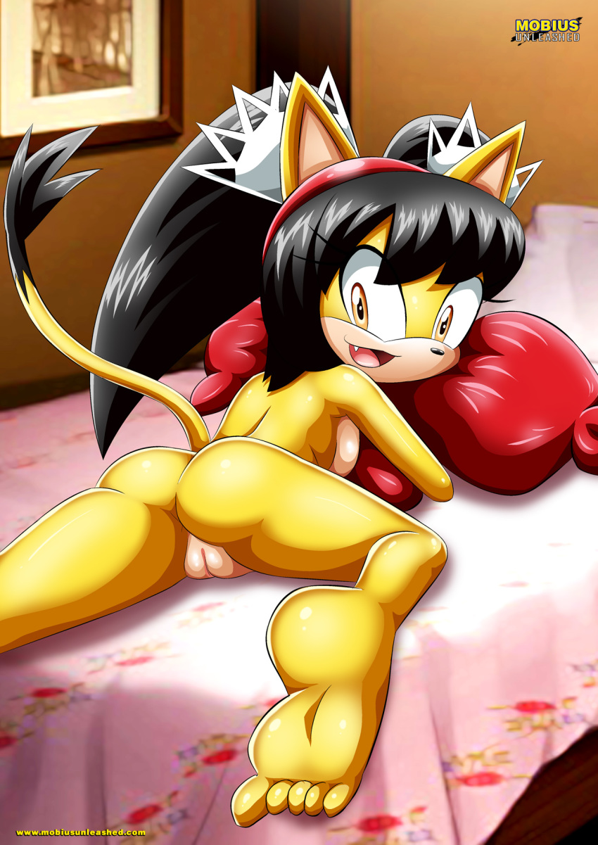 1girl 5_toes anthro anus archie_comics ass bbmbbf big_ears black_nose cat fangs feet furry gold_eyes honey_the_cat lying_on_bed mobius_unleashed nude open_eyes palcomix pussy sega showing_pussy sonic_(series) sonic_the_hedgehog_(series) tail tail_up yellow_fur