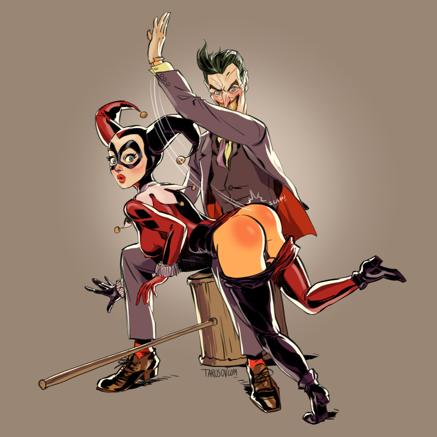 1boy 1girl ass batman_(series) bubble_butt cute dc dc_comics female harleen_quinzel harley_quinn male red_ass sexy spanking spanking_toons tarusov_(artist) the_joker