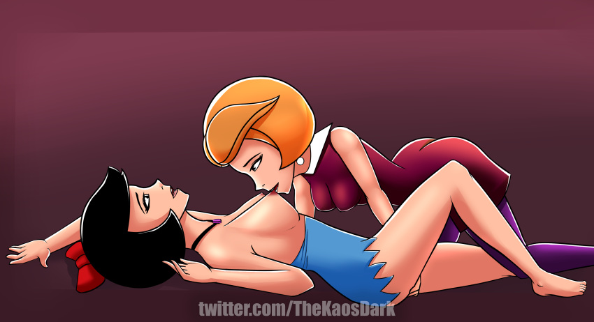 2_girls 2girls betty_rubble breasts crossover dress earrings exposed_breasts female female/female female_only hand_between_legs implied_fingering jane_jetson nipple_biting no_bra pantyhose partially_clothed short_hair the_flintstones the_jetsons yuri