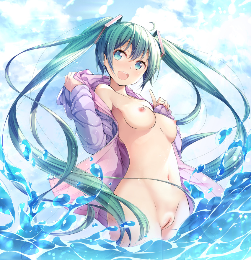 1girl 1girl blue_eyes blue_hair breasts hair_between_eyes high_resolution long_hair matsuuni miku_hatsune nipples open_mouth pussy third-party_edit tied_hair twin_tails vocaloid water