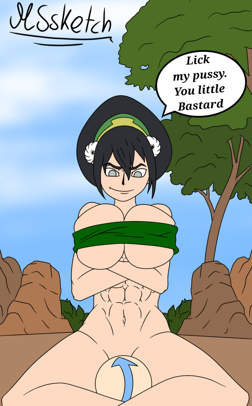 1boy 1girl 1girl aang abs arms_crossed artist_name avatar:_the_last_airbender bandeau_bikini big_breasts crossed_arms facesitting female_only femdom mssketch muscular_female outside signature six_pack smirk toph_bei_fong tree