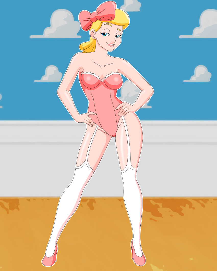 1girl blonde blonde_hair blue_eyes bo_peep female female_only garter_straps hands_on_hips high_heels leotard looking_at_viewer mostly_nude pervyangel solo standing stockings toy_story white_stockings