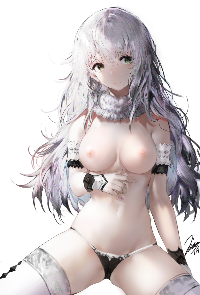 1girl arm_at_side arm_garter bangs bare_shoulders big_breasts bikini black_bikini_bottom breasts cameltoe closed_mouth eyebrows_visible_through_hair eyelashes fingernails fur_collar green_eyes groin hair_between_eyes haori_iori high_resolution large_filesize long_hair looking_at_viewer nail_polish navel nipples original pink_nails purple_nails signature silver_hair simple_background sitting smile spread_legs stockings stomach swimsuit thighs topless very_high_resolution white_background white_legwear
