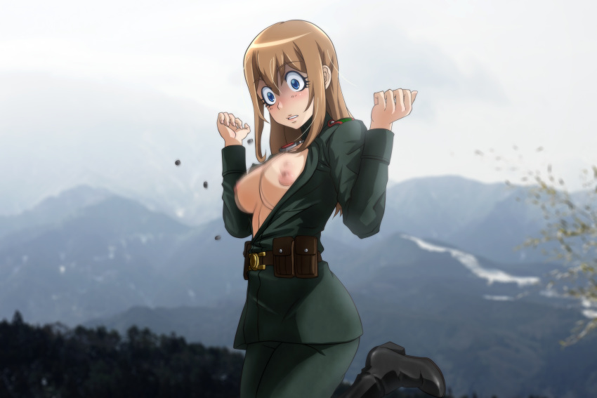 1girl 3:2_aspect_ratio belt big_breasts black_boots black_footwear blue_eyes blush boots bouncing_breasts breasts breasts_out_of_clothes brown_hair cleavage exploding_clothes female_only female_solo genya_(genya67) high_resolution leg_lift long_hair looking_down medium_hair military military_uniform motion_blur nipples no_bra open_clothes outside parted_lips photo_background popped_button pouch saga_of_tanya_the_evil shaded_face standing surprised uniform viktoriya_ivanovna_serebryakov wardrobe_malfunction
