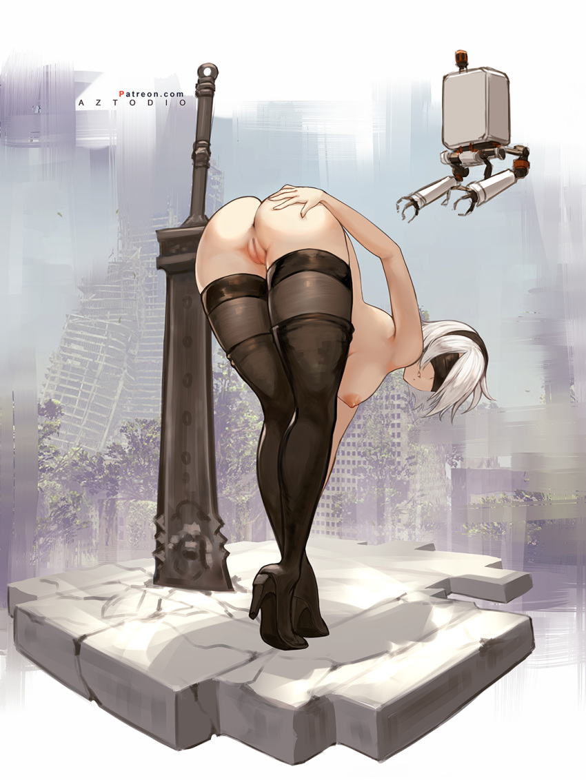 1girl artist_name ass azto_dio bent_over black_legwear blindfold boots breasts censored dat_ass facing_viewer hairband hand_on_own_ass high_heels high_resolution mole mole_under_mouth mosaic_censoring nier:_automata nier_(series) nipples nude parted_lips pod_(nier) pussy ruins shoes short_hair silver_hair stockings sword thigh_high_boots tiptoes weapon yorha_no._2_type_b
