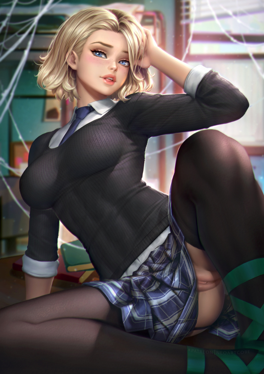 1_girl 1girl blonde_hair blue_eyes blush classroom clothed female female_only freckles garter_straps gwen_stacy lingerie looking_at_viewer marvel neoartcore no_panties no_panties_under_skirt nudtawut_thongmai one_arm_up parted_lips pussy shirt short_hair skirt solo spider-man:_into_the_spider-verse spider-man_(series) stockings sunlight thick_thighs upskirt vagina veins very_high_resolution webbing