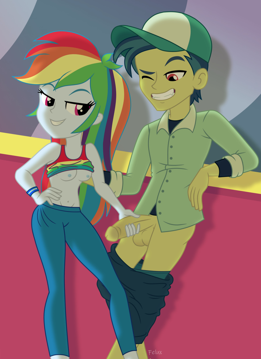 1boy 1girl breasts equestria_girls erection female friendship_is_magic handjob long_hair male male/female mostly_clothed my_little_pony no_bra older older_female partially_clothed penis rainbow_dash rainbow_dash_(mlp) rainbow_hair standing young_adult young_adult_female young_adult_woman