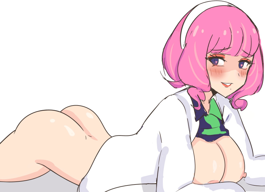 1girl ass blush breasts female female_human female_only human klara_(pokemon) looking_at_viewer lying lying_on_stomach mostly_nude no_bra no_panties pokemon pokemon_sword_&amp;_shield solo white_background