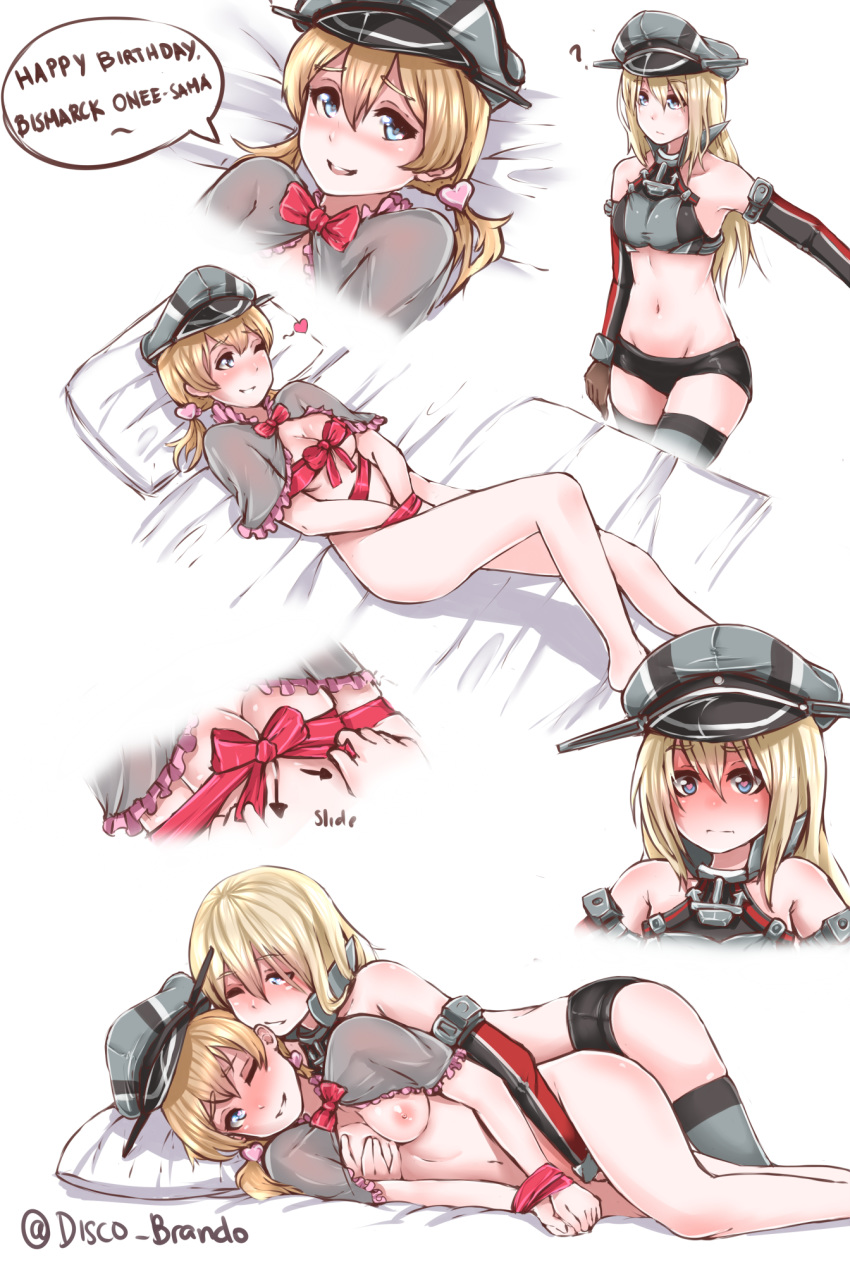 1girl 2_girls ;d ? adapted_costume alternative_costume arms_framing_breasts artist_name bare_shoulders bdsm bed bed_sheet bismarck_(kantai_collection) black_shorts blonde blush body_blush bondage bottomless bound_wrists bow bowtie breast_grab breasts breasts_grabbed_from_behind capelet clavicle comic crop_top disco_brando english english_text eyebrows_visible_through_hair female_only femdom femsub fingered_from_behind fingering framing_breasts frills front-to-back grabbed_from_behind grabbing grey_hat grey_headwear grey_legwear grin groping hair_ornament happy_sex hat heart heart-shaped_pupils heart_hair_ornament high_resolution kantai_collection lezdom long_hair low_twintails lying medium_breasts multiple_girls navel nipples nose_blush on_back on_bed on_side one_eye_closed open_mouth own_hands_together parted_lips peaked_cap prinz_eugen_(kantai_collection) raised_inner_brow red_bow red_bowtie red_neckwear ribbon ribbon_bondage sex shorts smile speech_bubble stockings stomach symbol-shaped_pupils taken_from_behind talking teeth text tied_hair twin_tails twitter_username upper_body v_arms wink yuri
