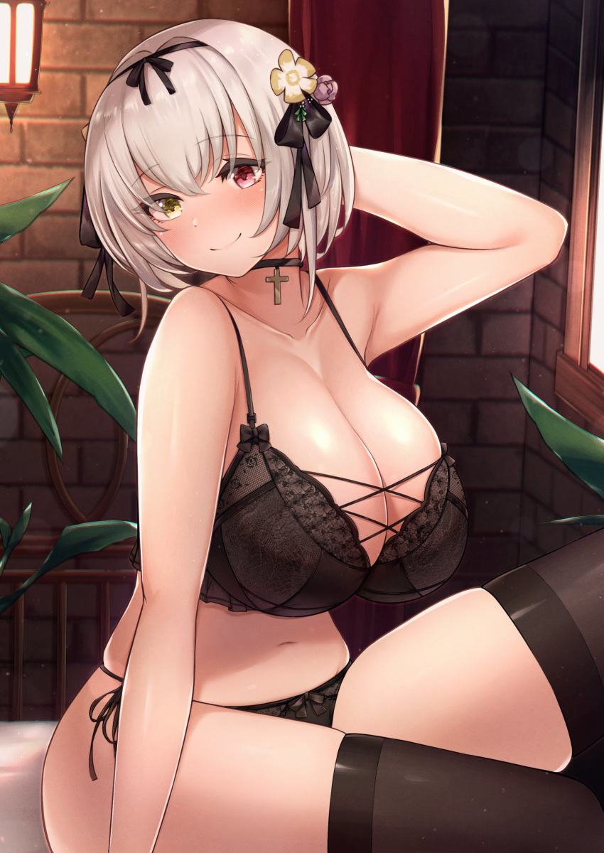 1girl absurd_res alicia_renato_(yashiro_sousaku) arm_behind_head arm_up bangs bare_shoulders black_bow black_panties blush borrowed_character bow bra breasts brick_wall choker cleavage closed_mouth collarbone commentary_request commission cross cross_choker curvy eyebrows_visible_through_hair flower fou_zi hair_between_eyes hair_flower hair_ornament hair_ribbon hairband head_tilt heterochromia high_res huge_breasts indoors lace lace_bra leaf looking_at_viewer navel original panties red_eyes ribbon second-party_source short_hair silver_hair sitting smile stockings thick_thighs thighs underwear window yellow_eyes