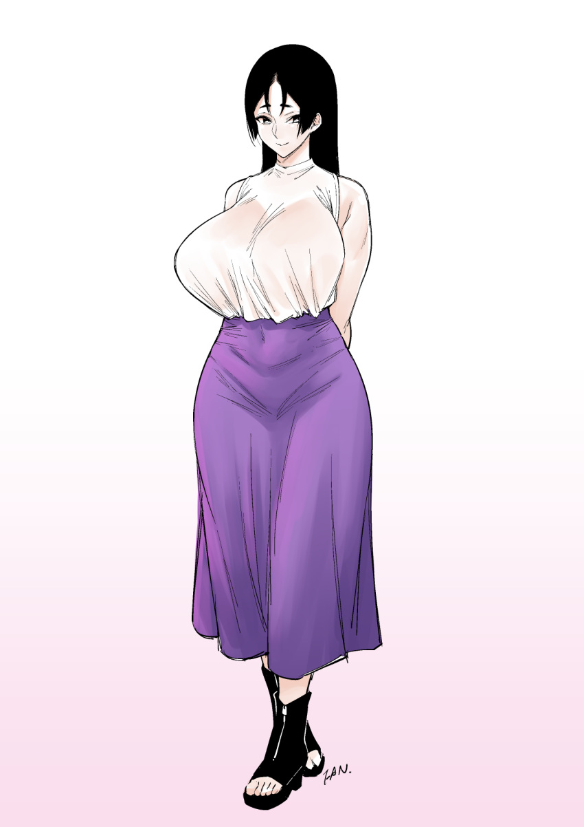1girl bangs bare_shoulders black_footwear black_hair breasts closed_mouth contemporary covered_navel curvy fan_(f.w.zholic) fate/grand_order fate_(series) full_body gradient gradient_background high_res huge_breasts long_hair long_skirt looking_at_viewer minamoto_no_raikou_(fate) open_toe_shoes parted_bangs purple_skirt shirt simple_background skirt sleeveless sleeveless_shirt smile thighs very_long_hair white_shirt