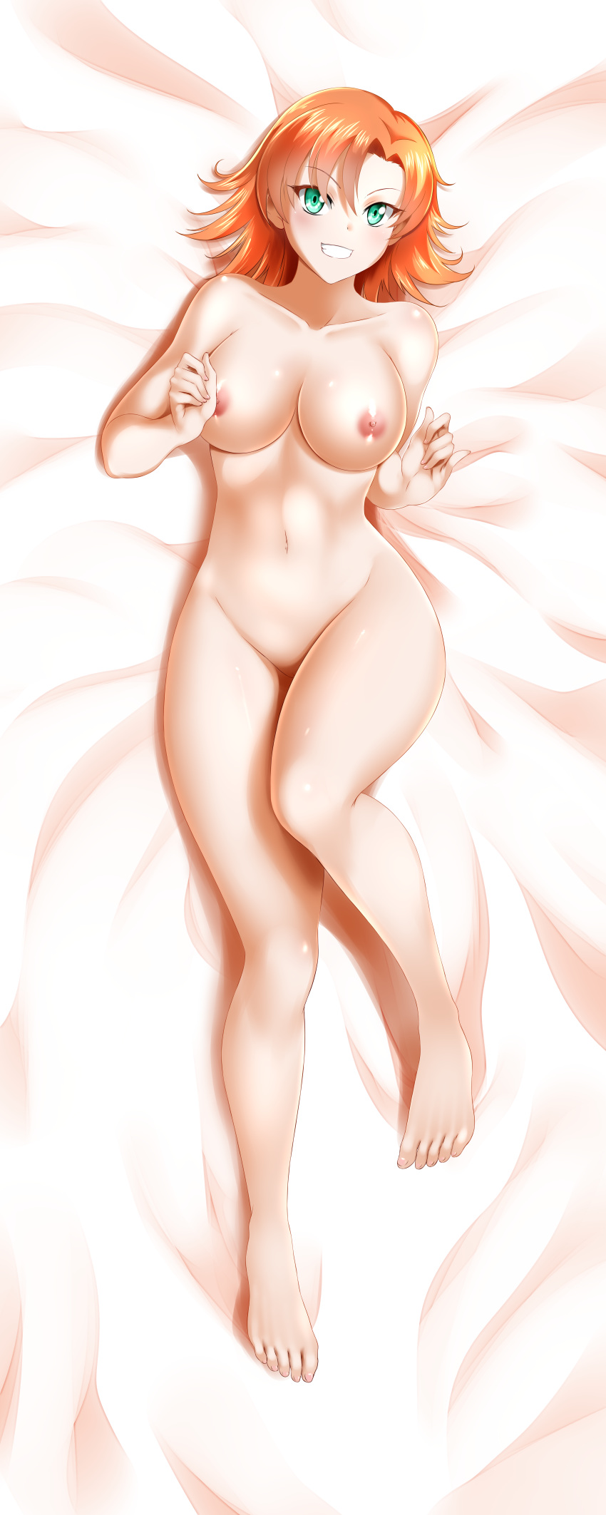 1girl 1girl 1girl alfred_cullado bangs barefoot bed_sheet big_breasts blush breasts clavicle dakimakura extremely_high_resolution eyebrows_visible_through_hair feet full_body green_eyes grin hair_between_eyes hair_intakes high_resolution large_filesize lying navel nipples nora_valkyrie nude on_back orange_hair paid_reward pussy rwby shiny shiny_hair shiny_skin short_hair smile very_high_resolution viewed_from_above